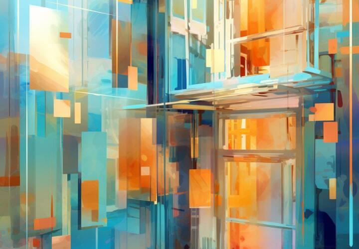 from view on of the building in light orange and blue colours generated by AI